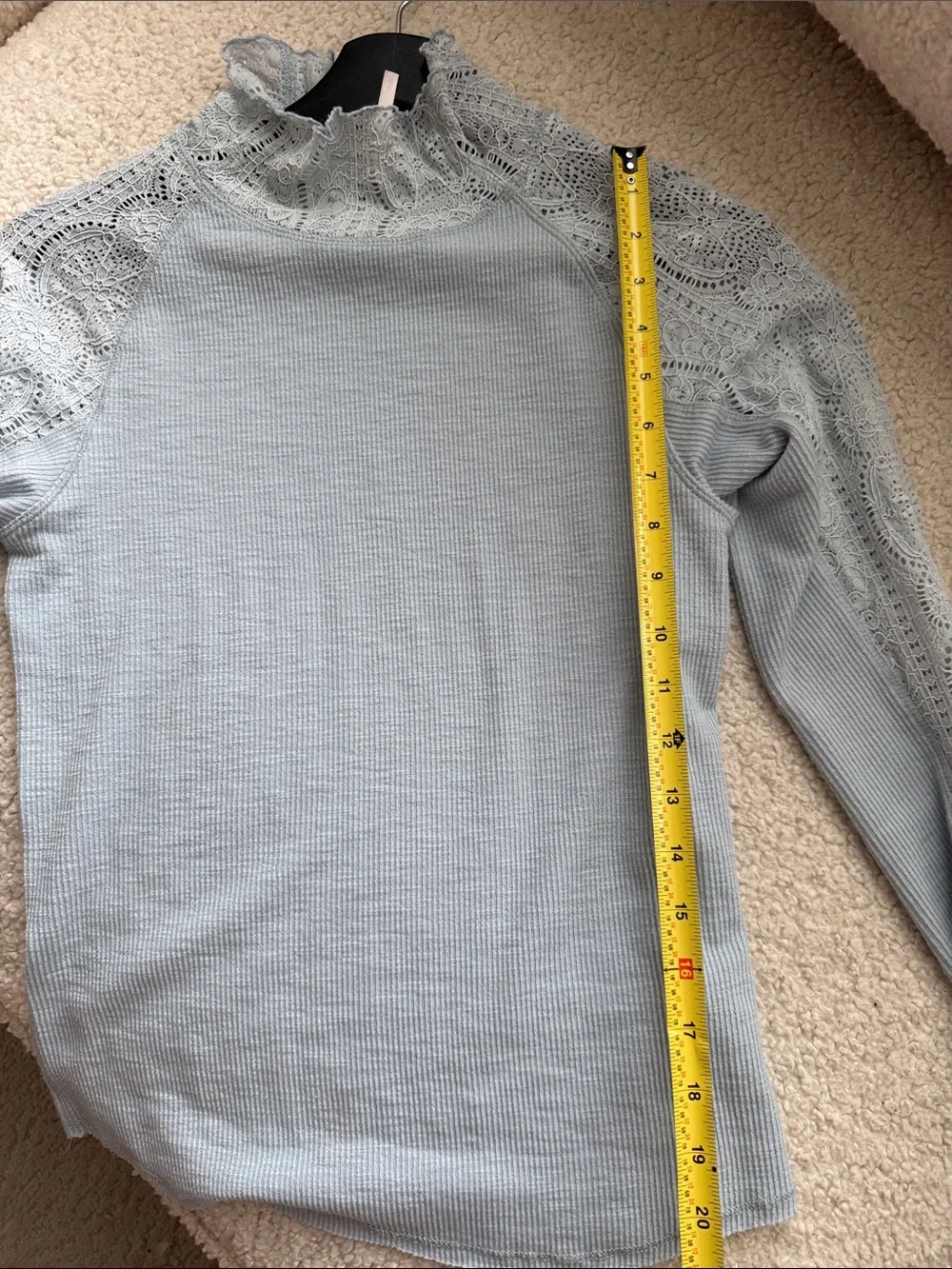 Free People Light Blue Lace-Trim Mock Neck Long Sleeve Top Size M